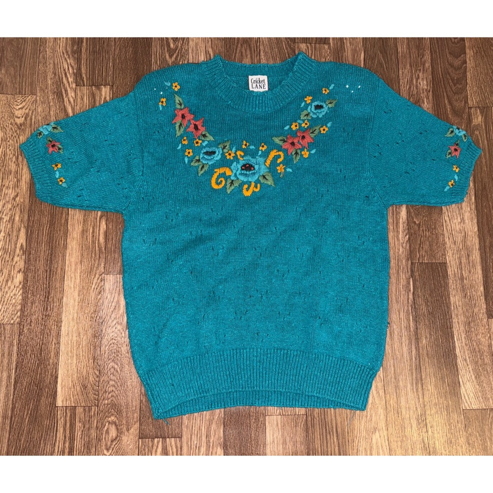 Cricket Lane Vintage‎ Teal Short Sleeve Floral Embroidered Knit Sweater Top